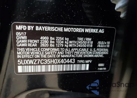 2017 BMW X3 Sdrive28I из США, поврежденный, VIN 5UXWZ7C35H0X40443